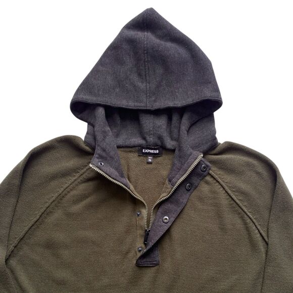 Mens Express Hooded Pullover Sweater Long Sleeve Hoodie Green Gray Size XXL - Picture 2 of 5